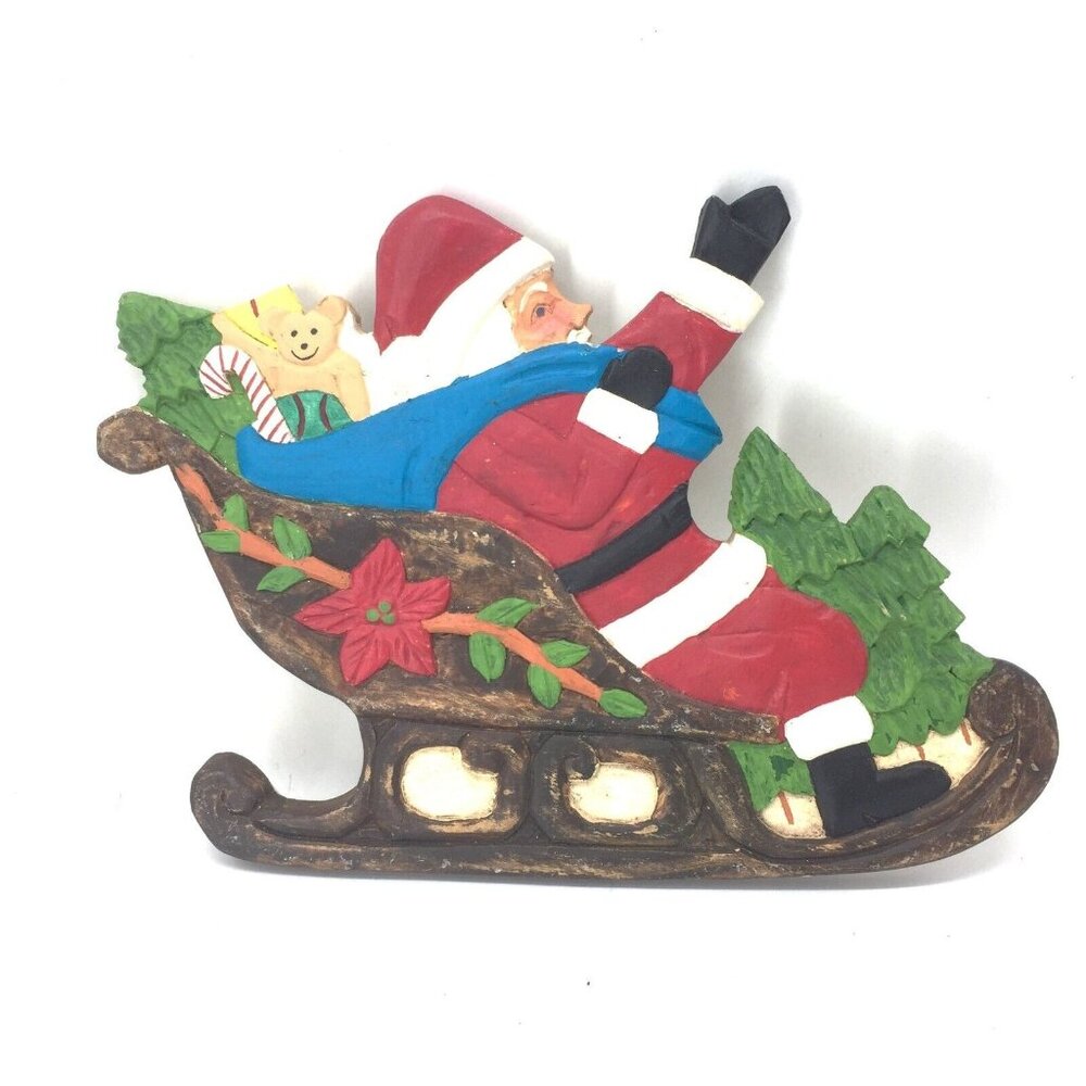 Christmas Santa in His Sleigh Wood Plaque Ornament Handmade 16 x 11